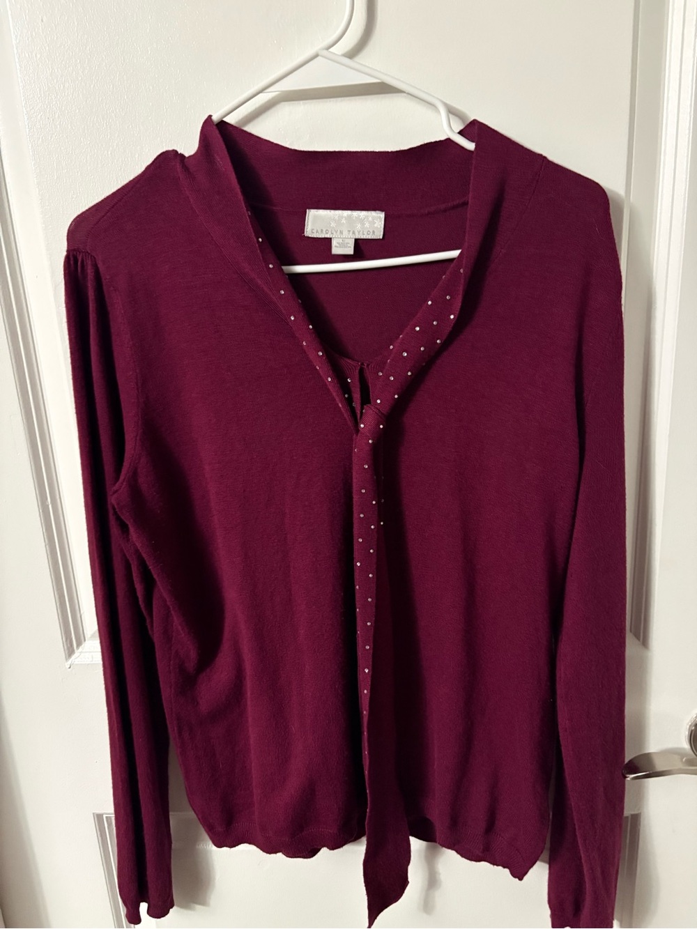 Carolyn Taylor Burgundy Embellished V-Neck Tie Cardigan Sweater L EUC